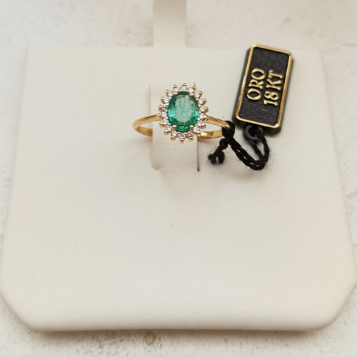 ANELLO CON SMERALDO NATURALE E DIAMANTI NATURALI, ORO GIALLO 18CT