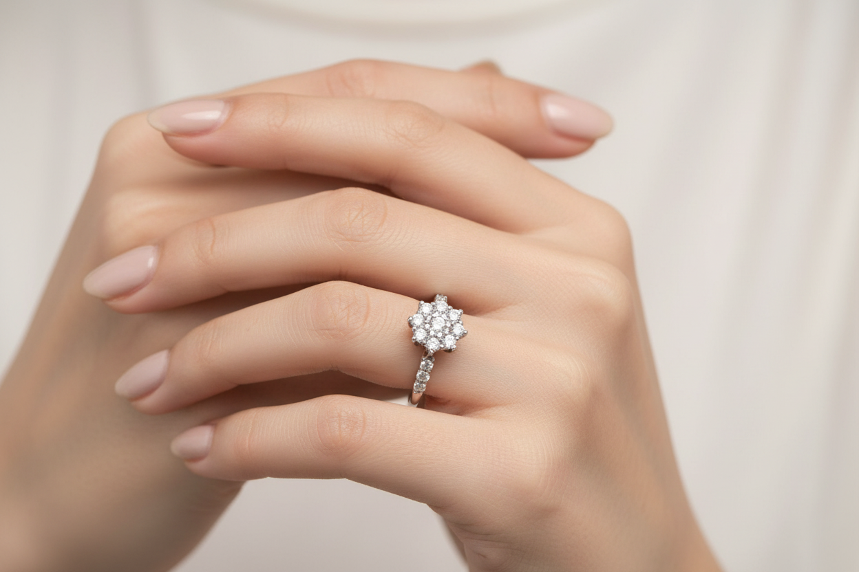 Anello con diamanti su mano femminile